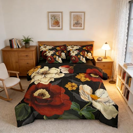 Erosebridal Black Floral Bedding Set King Vintage Elegant Flower Comforter Set 7 Piece Bohemian Floral Minimalist Bed in A Bag for Adults Abstract Mid Century Botanical Quilt with Flat Fitted Sheet Erosebridal