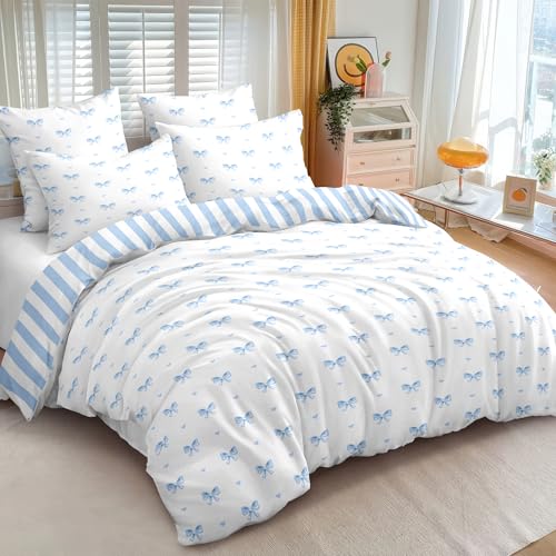 Sedefen Bow Comforter Set Twin Size Blue Striped Bedding Set Kids Girls Stripe Princess Style Bowknot Heart Reversible Soft Lightweight Comforter 2 Pieces (1 Comforter, 1 Pillowcase) Sedefen