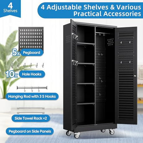Aobabo Lockable Metal Storage Cabinet with 4 Adjuatable Shelves,Garage Storage Cabinet with Wheels and 5 Remove Pegboard,Required Assembly,Black,70.87''H*31.5''W*15.75''D Aobabo