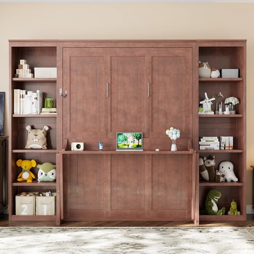SOFTSEA Queen Murphy Bed with Desk and Storage, Wood Foldable Wall Bed Frame with Bookcase Shelves, Hidden Wall Bed Cabinet for Adult, Guest Room, Dark Brown SOFTSEA