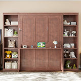 SOFTSEA Queen Murphy Bed with Desk and Storage, Wood Foldable Wall Bed Frame with Bookcase Shelves, Hidden Wall Bed Cabinet for Adult, Guest Room, Dark Brown SOFTSEA