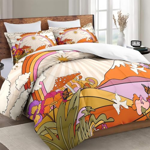 Zzzboro Comforter Set with 2 Pillowcases Queen Size, Hippy Mushroom Flower Sun Rainbow, Bed Decor Retro 70s Hippie Boho Aesthetic for Kids and Adults, Soft Cozy Bedroom Bedding Set Zzzboro