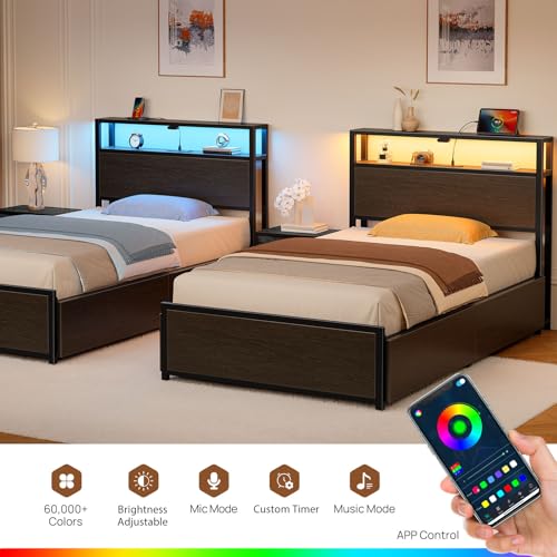 Rolanstar Twin Bed Frame with 4 Storage Drawers, Charging Station and LED Lights, Metal Platform Bed with 2-Tier Storage Headboard, No Box Spring Needed, Easy Assembly, Noise-Free, Black Rolanstar