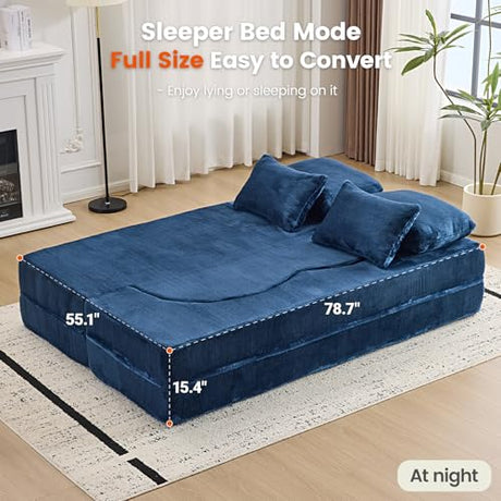 Orynveela Convertible Folding Sofa Bed, 78” Full Size Floor Sleeper Couch, Chenille Full Foam Futon Loveseat for Living Room Bedroom, No Assembly Required (Deep Blue) Orynveela