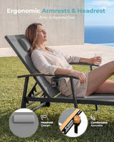Ciokea Outdoor Lounge Chair with Pillow Set of 2, 5-Position Aluminum Chaise Lounge with Wheels & Armrests, 400 lbs Heavy Duty Patio Pool Chair for Backyard, Deck, Beach & Poolside, Grey