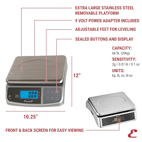 Escali M-Series NSF Certified Digital Kitchen & Industrial Scale, 66 lb Capacity, Dual Display, Spill-Proof, Stainless Steel