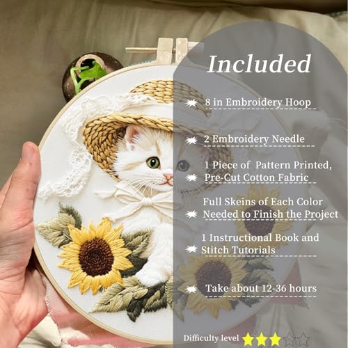 FONNUY White Kitten Embroidery Kit, Sunflowers Cat Lace Hat Cross Stitch Kits for Beginners, Handmade Crafts with Printed Patterns for Adults, Color Thread Needlework, 8'' Hoop (Cat 01)