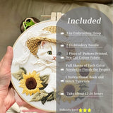 FONNUY White Kitten Embroidery Kit, Sunflowers Cat Lace Hat Cross Stitch Kits for Beginners, Handmade Crafts with Printed Patterns for Adults, Color Thread Needlework, 8'' Hoop (Cat 01)