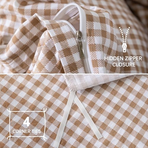 YHJWW Tan Gingham Duvet Cover Bedding Set Prewashed Extra Soft Comfy Breathable 3 Piece Brown Plaid Checkered Grid Vintage Comforter Cover Set Cute Aesthetic (Full 80"x90", No Comforter) YHJWW