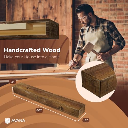 Avana Rustic Fireplace Mantel Shelf 60 Inches - Handcrafted Wood Mantles For Over Fireplace - Wall Mounted Farmhouse Fireplace Mantel Shelf - Floating Fireplace Mantels 60 X 8 X 3 - Rustic Traditional Avana