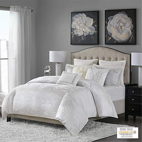 Madison Park Signature Glam Cozy Comforter Set - All Season Bedding Combo Filled Insert and Removable Duvet Cover, Shams, Decorative Pillows, Metallic White King(110"x96") 10 Piece Madison Park