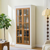 PAXIPEX 71" Rustic Farmhouse Display Cabinet, Display Case with Lattice Glass Doors, Curio Cabinet with Adjustable Shelves for Home Living Room Office, Brown,Cream White PAXIPEX