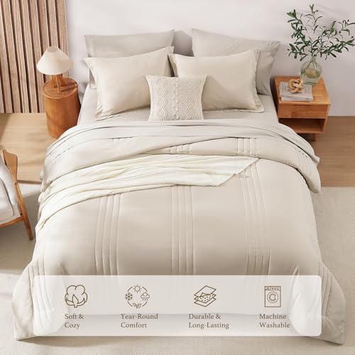 Monbix Queen Comforter Set - 7 Pieces Beige Bed in a Bag Queen Bedding Sets with Comforters, All Seasons Comforter Bed Set with Sheets, Pillowcases & Shams Monbix