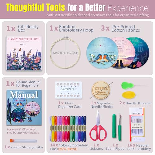 ETSPIL Beginner Embroidery Kit for Adults, 3-Pack Full-Color Stamped Animal Designs, Companionship Theme, Master 19 Stitches with 4K Step-by-Step Videos & Needle Minder, Easy Craft Gift for Teens