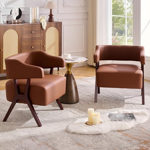 JIASTING Barrel Accent Chairs, Brown Leather Chairs with Solid Wood Frame, Mid-Century Modern Wooden Armchair with Wraparound Back, Comfy Office Reading Chair for Living Room, Bedroom (2, Brown) JIASTING
