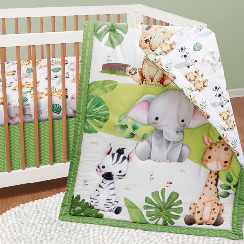 FIGEPO Baby Crib Bedding Set Safari Neutral Crib Nursery Comforter Bed Sets Decor with Fitted Crib Sheet, Comforter and Bed Skirt for Unisex Boys Girls (Safari) FIGEPO