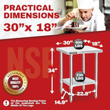 DuraSteel Food Prep Stainless Steel Table - 30 x 18 Inch Commercial Metal Workbench with Adjustable Under Shelf - NSF Certified - For Restaurant, Warehouse, Home, Kitchen, Garage DuraSteel