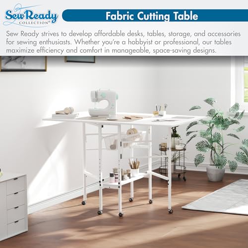 Sew Ready Folding Sewing Craft Table with Storage, Adjustable Height Cutting Desk with Drawers and Wheels for Quilting, Fabric, and Hobby Room, White Sew Ready