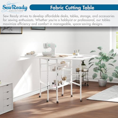 Sew Ready Folding Sewing Craft Table with Storage, Adjustable Height Cutting Desk with Drawers and Wheels for Quilting, Fabric, and Hobby Room, White Sew Ready