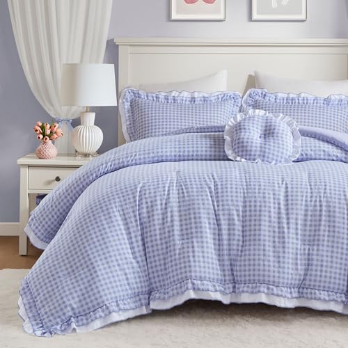 Intelligent Design Rowena Full Comforter Set – Blue Gingham Ruffled Bedding, Vintage Farmhouse Style, Reversible All Season 4-Piece Bedding Set, Full/Queen, Gift for Her Intelligent Design