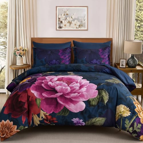 WONGS BEDDING Blue Comforter Set King Size, 7 Pieces Floral Bed in a Bag Set, Navy Blue and Pink Flower Bedding Set, Soft Microfiber for All Season with Pillowcases & Shams,Sheets(90"×104") WONGS BEDDING