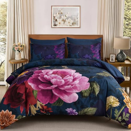 WONGS BEDDING Blue Comforter Set King Size, 7 Pieces Floral Bed in a Bag Set, Navy Blue and Pink Flower Bedding Set, Soft Microfiber for All Season with Pillowcases & Shams,Sheets(90"×104") WONGS BEDDING