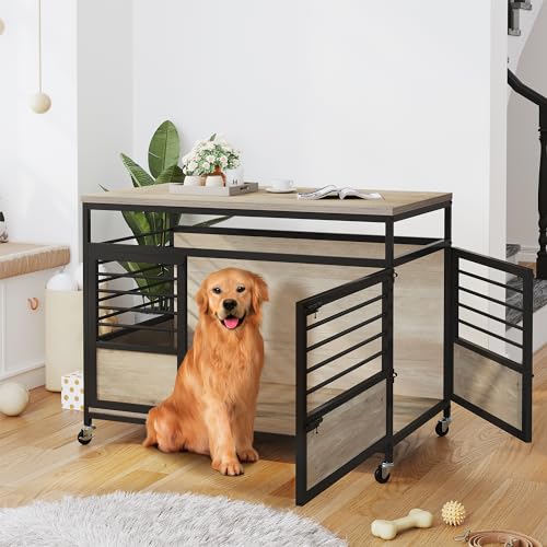 DWVO Dog Crate Furniture, 39.4 Inch Dog Kennel Indoor Furniture with Double Doors, End Table Cage for Large Dogs, Modern Decorative Cage Wooden Dogs Crate Furniture with Wheels, Grey DWVO