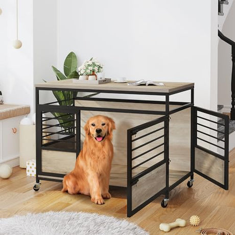 DWVO Dog Crate Furniture, 39.4 Inch Dog Kennel Indoor Furniture with Double Doors, End Table Cage for Large Dogs, Modern Decorative Cage Wooden Dogs Crate Furniture with Wheels, Grey DWVO