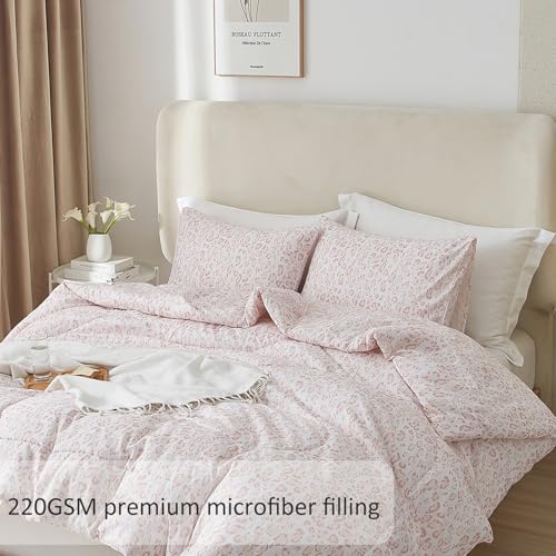 MKXI Luxury Comforter Set Leopard Print King Size Comforter Set Animal Cheetah Pattern Pink White Floral Bed Comforter Cute Leopard Aesthetic Comforter Bedding Set for All Season MKXI