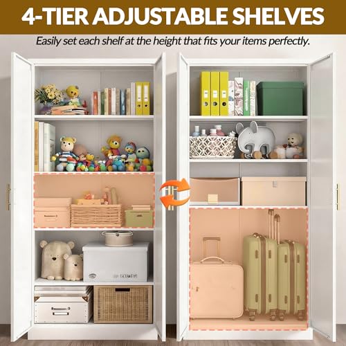 CJF White Kitchen Pantry Cabinet,71 Inch Tall Metal Storage Cabinet with 4 Adjustable Shelves and Doors, Freestanding Pantry Cabinet for Kitchen, Living Room, Dining Room, Bathroom, Easy to Assemble CJF