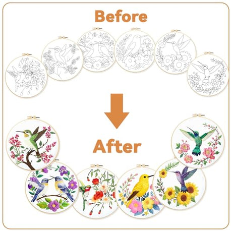 BEUNITONE Hummingbird Embroidery Kit for Adults, 6PC Floral Bird Cross Stitch Set with Colorful Threads, Nature Inspired DIY Artwork, Home Decor Gift for Her BEUNITONE