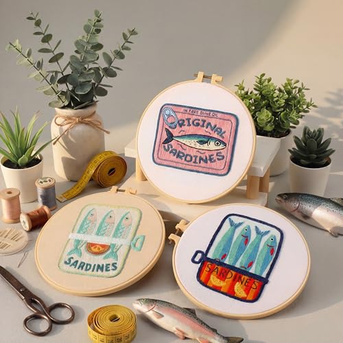 Mindsoft 3 Sets Sardine Embroidery Kit with Embroidery Hoop Easy Pattern Needlepoint Kit for Beginners and Adults Hand Crafts Needlepoint Set with Needles Thread and Instruction