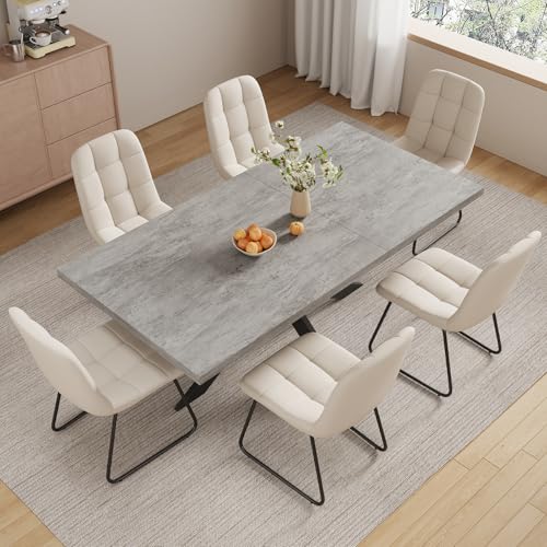 ZckyCine 6-8 Person Modern Rectangular Dining Table Set with 6 Chairs, Expandable Kitchen Table (51 to 63 Inches), Space-Saving Design, Metal Frame, Gray Tabletop & White PU Leather Chairs ZckyCine