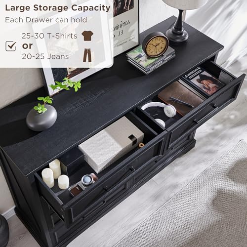 ACCOHOHO Farmhouse 8 Drawers Dresser Chests for Bedroom,52" Wide Wood Rustic Chest of Drawers with Metal Handle,Natural Texture,Drawer Organizer for Bedroom,Living Room,Hallway and Entryway,Black ACCOHOHO