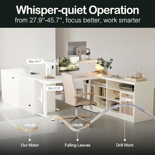 ModernMate 67" L Shaped Standing Desk with Drawers and File Cabinet, AC/USB, 1.18" Desktop, Height Adjustable Wood Desk, Electric Desk with Multiple Functions for Home and Office, White Rattan ModernMate