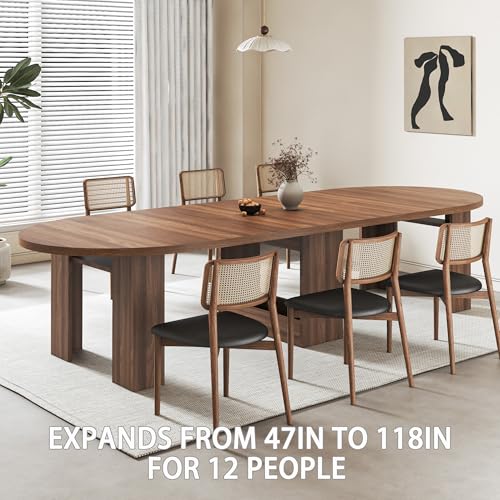 Round Extendable Dining Table for 4-12 People, 47-118 Inch Kitchen Table with Wood Strip Base, Modern Oval Dining Room Table for Kitchen Living Room, Walnut Bvldfamly