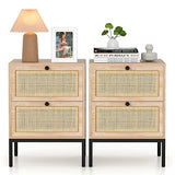 XIAO WEI Rattan Nightstand Set of 2 with Handmade Natural Rattan Drawers, Bedside Tables, End Table, Rattan Side Table, Boho Wood Nightstand, for Bedroom, Living Room, Metal Legs XIAO WEI