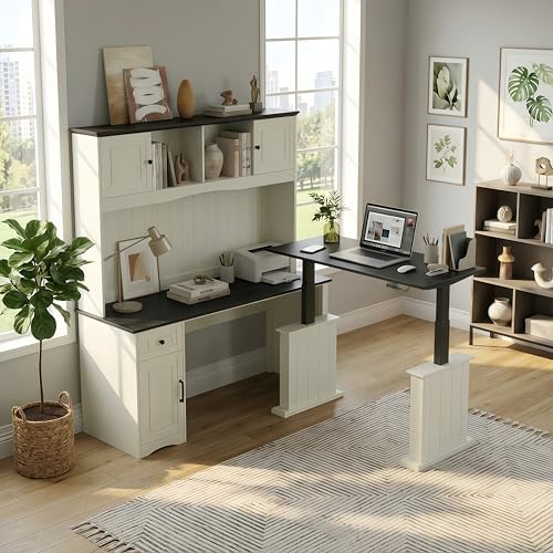FEZIBO 60" L Shaped Executive Standing Desk with Hutch and Storage Cabinet, Farmhouse Standing Desk with Charging Station, Reversible Home Office Workstation, Antique White FEZIBO