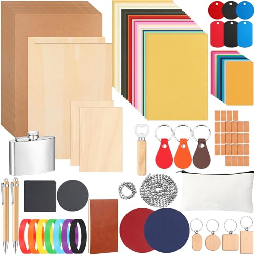 Dunzoom 127 Pcs Laser Material Kit Laser Cutting Engraving Materials Accessories Including Wood, Metal, PU Leather, Fabric, Glass, Rock, Rubber for Cutters Engraving Supplies Dunzoom