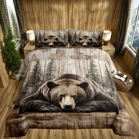 Erosebridal Grizzly Bear Bedding Set King Hunting Wild Animal Comforter Set Rustic Farmhouse Cabin Bedding Comforter Sets Western Country Quilt Bed Set Vintage Forest Wildlife Decor,2 Pillowcases Erosebridal