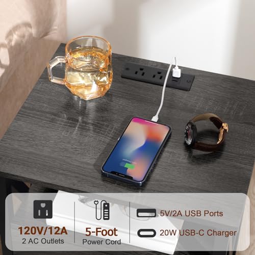 AMHANCIBLE Night Stand Set 2, LED Nightstand with Charging Station, End Side Tables with USB Port & Outlet, Bedside Table with Fabric Drawers for Bedroom Living Room, Dark Grey, HET053LDG AMHANCIBLE