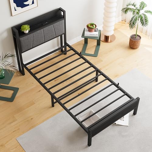 BOFENG Twin Bed Frame with Storage Headboard/USB Charging Station,Heavy Duty Metal Upholstered Single Platform Bed Frame Twin Size No Box Spring Needed,Heavy Duty Metal Slats,Noise Free,Black BOFENG