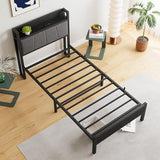 BOFENG Twin Bed Frame with Storage Headboard/USB Charging Station,Heavy Duty Metal Upholstered Single Platform Bed Frame Twin Size No Box Spring Needed,Heavy Duty Metal Slats,Noise Free,Black BOFENG