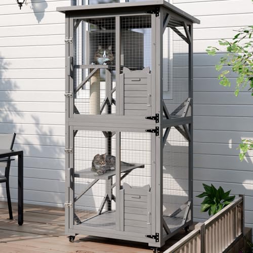 OFIKA Outdoor Catio Cat Enclosure with Waterproof Roof,Platforms,Upgraded Resting Box, 70.4’’cat Houses & Condos on Wheels for Outdoor Patio,Cat Window Box,Scratching Post（Grey0） OFIKA