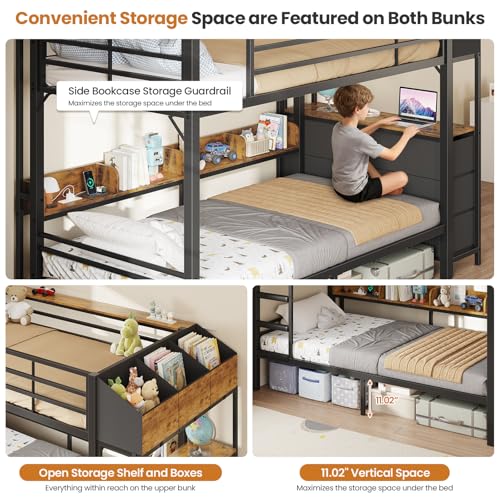 DICTAC Twin Over Twin Bunk Bed with 6 Storage Drawers,Led Lights and Charging Station Metal Bunk Beds with Side Bookcase,3 Storage Boxes &Shelf,L-Shaped bunk Bed with Safety Guardrail and Ladder,Black DICTAC
