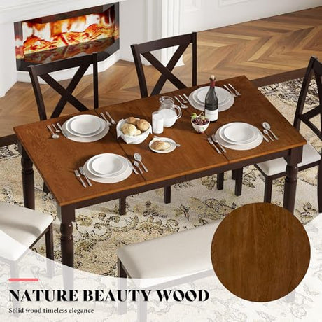 AMERLIFE 6-Piece Farmhouse Dining Table Set, 60” Solid Wood Table with 4 Upholstered Chairs & Bench, Comfortable Seating for 6, for Kitchen or Dining Room, Brown & Black Finish AMERLIFE