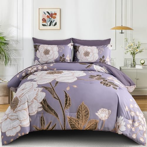 Luxudecor Floral King Comforter Set 7 Pieces Bed in a Bag, White Flower Print on Light Purple Bedding Set, Soft Reversible Comforter with Sheet Set 104"x90" Luxudecor
