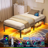 Rolanstar Bed Frame with USB Charging Station, Twin Bed Frame with LED Lights, Platform Bed Frame with Heavy Duty Steel Slats, 14" Storage Space Beneath Bed Rolanstar