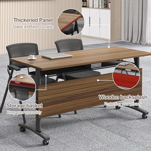 Conference Room Table, 14FT Large Folding Conference Table for 10-15 People, Training Tables with Caster Wheels, Business Style Wooden Meeting Table with Strong Metal Frame, Flip Top Table (6 PCS) bbyekctc