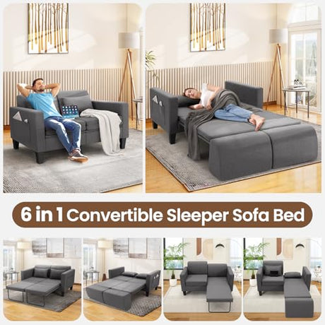 SEJOV 6-in-1 Convertible Sofa Bed, 58" Loveseat Sleeper Sofas with Pull Out Couch Bed, Removable Backrest, Storage Pockets and 2 Pillows, Modern Folding Linen Futon Couch for Small Spaces, Gray SEJOV